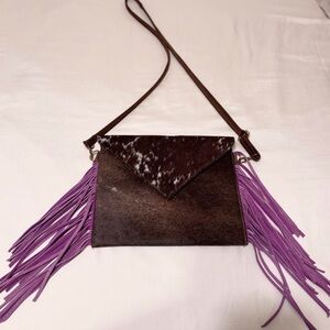 Brown leather cowhide and Purple Fringe Women's Bag crossbody